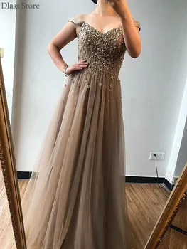 

Khaki Evening Dress A-line Tulle legant Beads Sequins Off Shoulder V-neck Floor Length Sleeveless Prom Dress