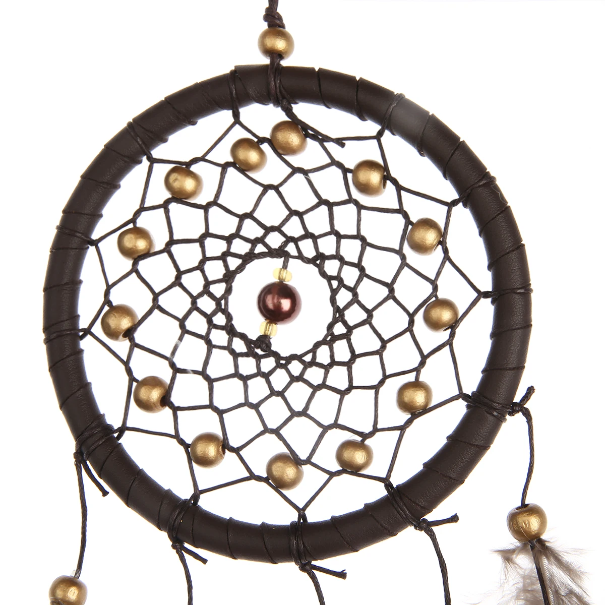 Brown Feather Crafts Golden Bead Hanging Catcher Wind Chimes Handmade Dreamcatcher Net for Wall Car Home Decor