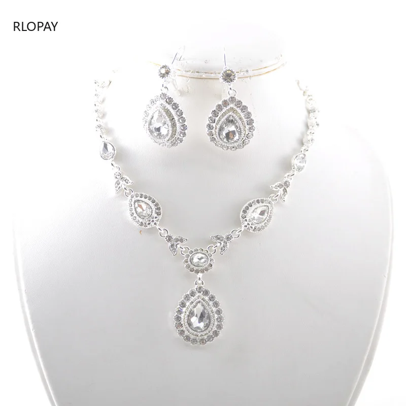 

Silver Necklace and Earring Set Rhinestone Water Drop Jewerly Sets for Women Trendy African Necklace Arab Wedding Jewelry