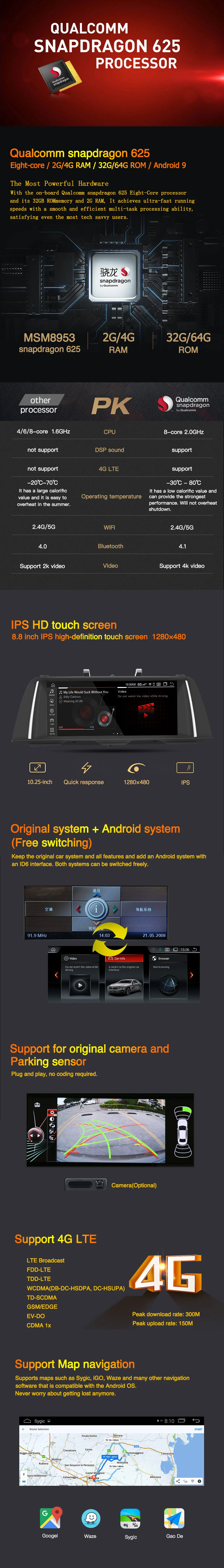 Perfect 10.25" Qualcomm Octa-Core 4G+64G 4G LTE Android 9 Car multimedia interface for BMW Series 5 F10 F11 GPS Navigation idrive 16