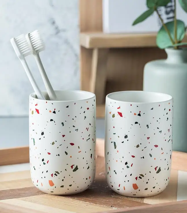 Terrazzo Ceramic Bathroom Decor Set Emulsion Bottle Gargle Cup Image 6