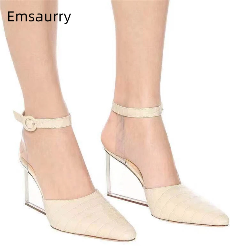 

Clear Crystal Wedges Gladiator Sandals Women Transparent PVC Ankle Strap Pointed Toe Genuine Leather Runway Shoes Woman