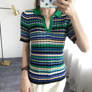 

bodycon Women Tshirt 2020 Summer Contrast Color Striped T Shirt female Short Sleeve V-neck T Shirt Slim Knit Summer Tops