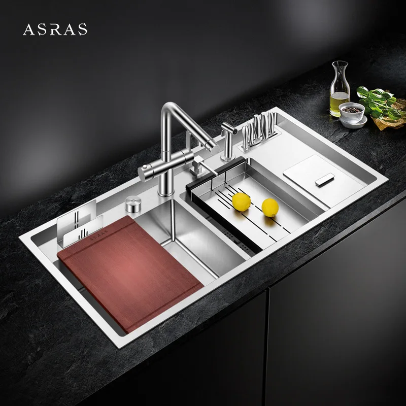 Кухонная раковина ручной работы Asras 10049L + 3063 SUS304 Многофункциональная Корзина для