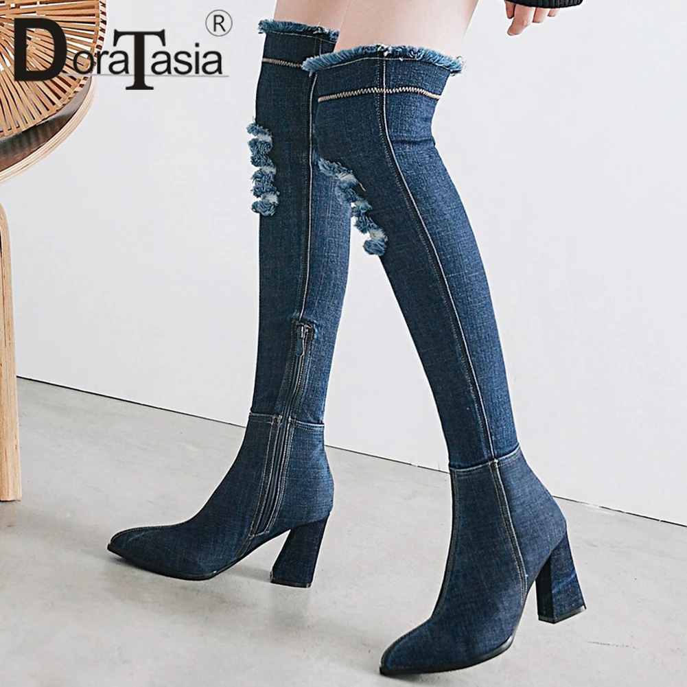 

DORATASIA New Over The Knee Boots Broken Holes Streth Denim Boots Women High Heels Thigh High Boots Woman Shoes Women Size 34-43