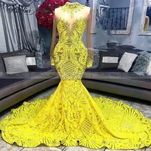 Черные желтые платья на выпускной с длинными рукавами и русалочкой для девочек г. Элегантное торжественное платье с высоким горлом размера плюс в африканском стиле Длинные Выпускные платья