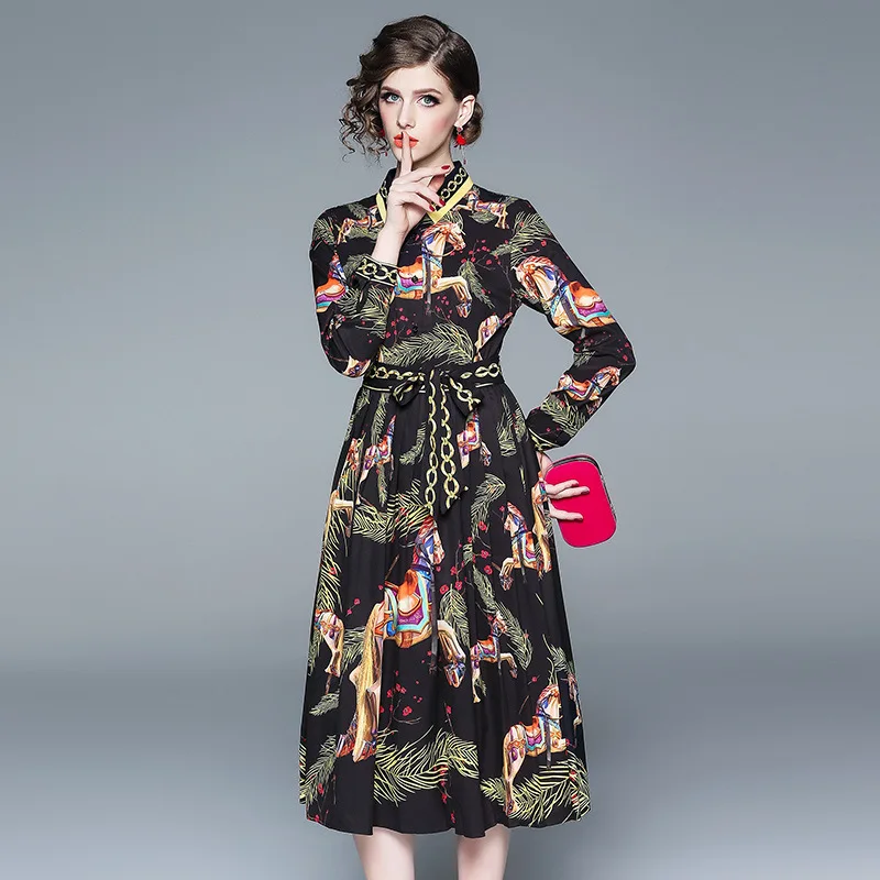 

Photo Shoot 2019 Spring And Autumn New Style French Ribbon Shirt Collar Pleated Base Skirt Retro Flower Dress