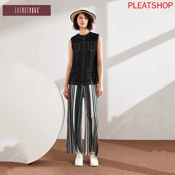 

2020 New Wide Leg Pants Female Summer Fashion Casual High Waist Striped Wide Leg Pants MIYAKE Pleats Trousers Oggers Women