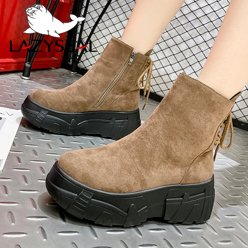 

LazySeal Ankle Strap Platform Ankle Boots Shoes Woman Suede Equestrian Boots Autumn Thick Flat Bottom Zipper Brand Women Shoes