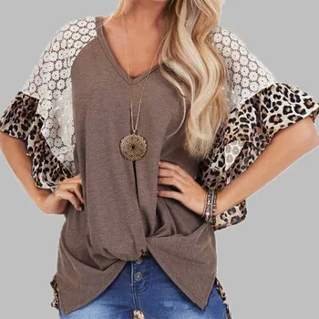 

2020 Summer Lace T Shirt Women Leopard Print Top Oversized Tshirt Black Women Plus Size V-neck Tshirt Loose Knot XXXL