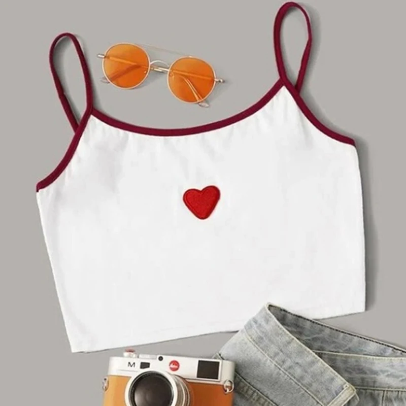 Summer Camisole Tank Tops Women's Cartoon Heart Print Tee Shirt Female Casual O-Neck Sexy Sleeveless Tshirt Plus Size | Женская