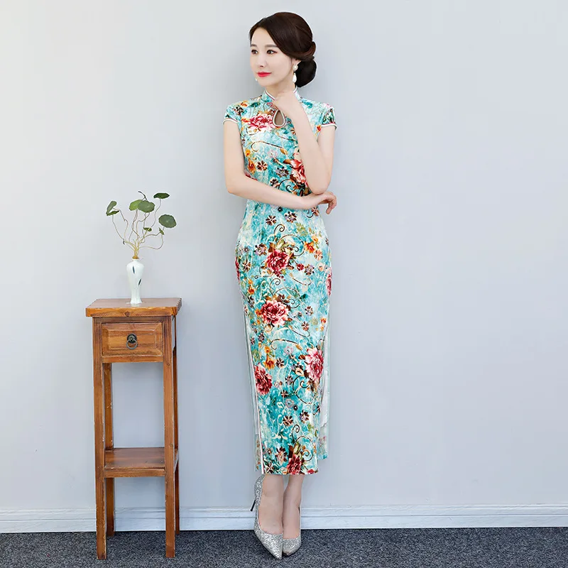 Китайское женское осенне-зимнее велюровое платье Чонсам Qipao тонкий длинный Чонсам ручной работы Кнопка Qipao Vestidos