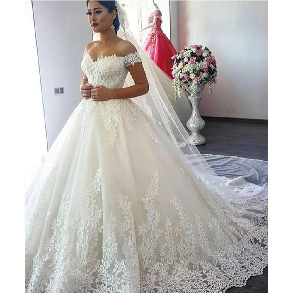 beach wedding dresses White/Ivory Wedding Dresses 2022 Off The Shoulder Appliques Lace Elegant Bride Dress Ball Gown Princess Luxury Wedding Gowns off the shoulder wedding dress Wedding Dresses