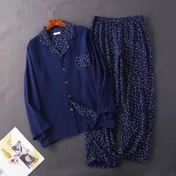 Japanese New Spring and Autumn Men's Cotton Crepe Cloth Button Pajamas Set Simple Large Size Long-sleeved Trousers Home Service