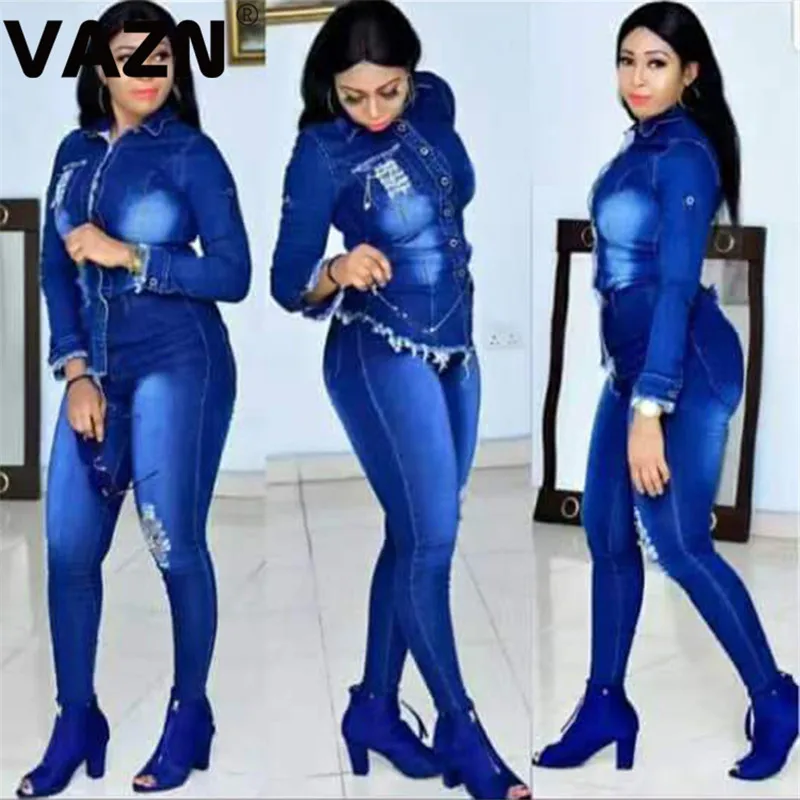 

VAZN New arrival 2020 spring sexy aldy blue jean 2-piece long set full sleeve button fly tops long skinny pants set casual sets