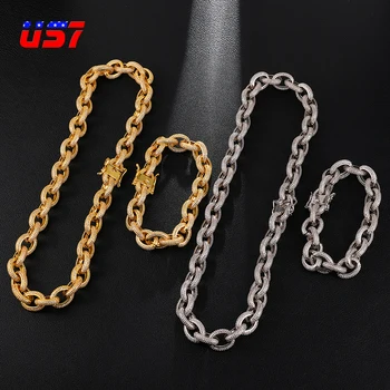 

US7 12mm Iced Out Oval Cuban Link Chain Necklace Set Gold Silver Color Copper Neckalces for Men Fashion Hip Hop Jewelry
