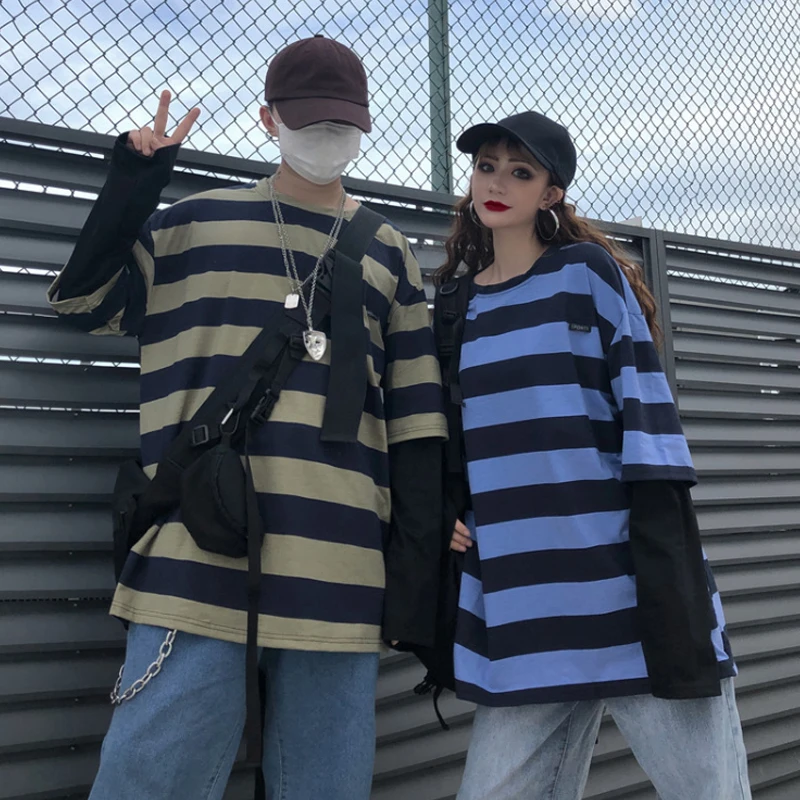 Woherb Harajuku футболка для женщин и мужчин в полоску Топы пэчворк Поддельные 2 шт. свободная футболка с длинным рукавом корейская модная футболка уличная одежда