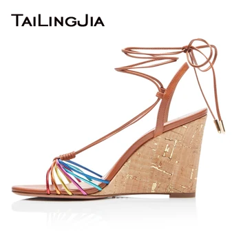 

Cork Wedges High Heel Summer Sandals for Women Ladies Elegant Stylish Colorful Strappy Ankle Lace up Large Size Party Shoe 2020