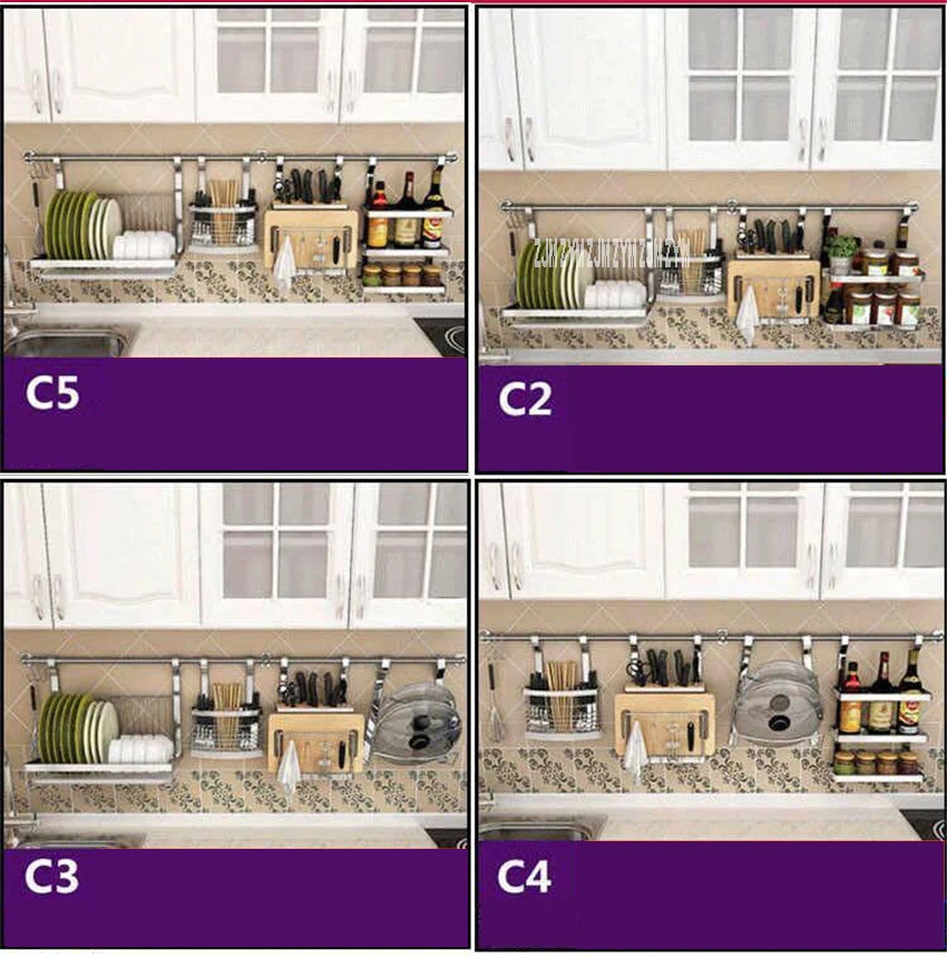 1256 Wall Mounted Kitchen Spice Rack Stainless Steel Shelf Chopstick Holder Dish Drainer Knife Rack Combination Organizer