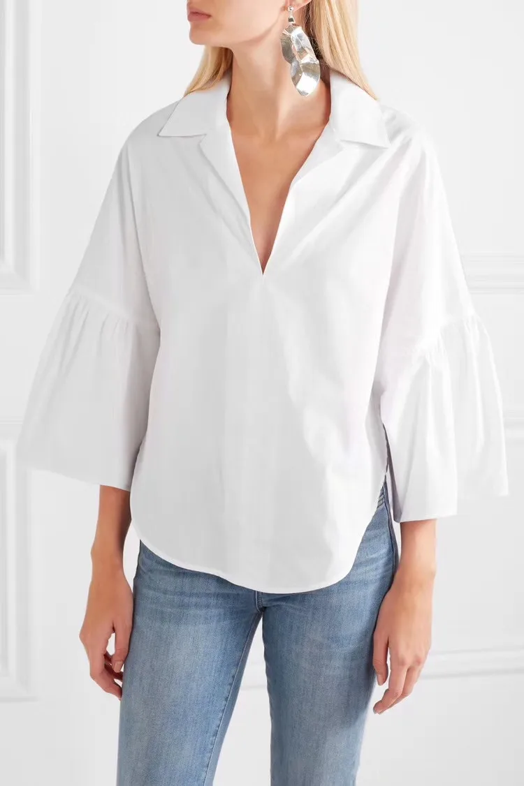 

Cotton Early Autumn Women's blouse white V Neck loose Shirt Ruffle Three Quarter Sleeve ladies Casual Loose top
