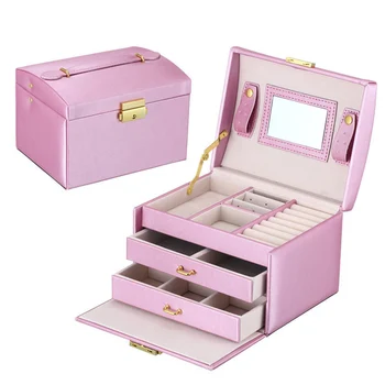 

Three-layer Jewelry Box Organizer Mirrored Makeup Container Large Capacity PU Leather Ring Necklace Storage Box for Women Gift