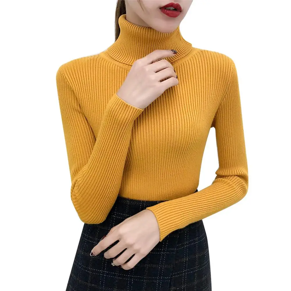 Водолазка, свитер на осень и зиму, рабочая одежда, Облегающая рубашка с длинным рукавом, женский топ с воротником, стильная Высокая уличная одежда - Цвет: Цвет: желтый