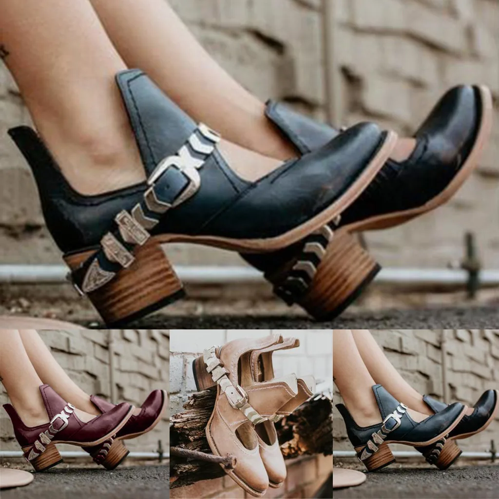 

Winter Stylish Boots Women Flat Pointed Toe Shoe Strap Buckle Low-heeled Western Ankle Boots botas feminino para inverno de 2019