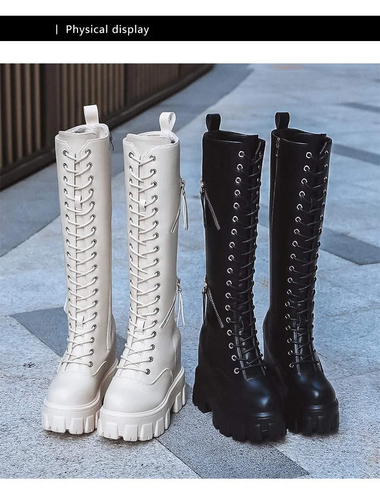 Новые зимние женские сапоги до колена высокие сапоги на танкетке и высоком каблуке 11 см, на платформе, со шнуровкой теплая обувь на меху с плюшевой подкладкой мотоботы