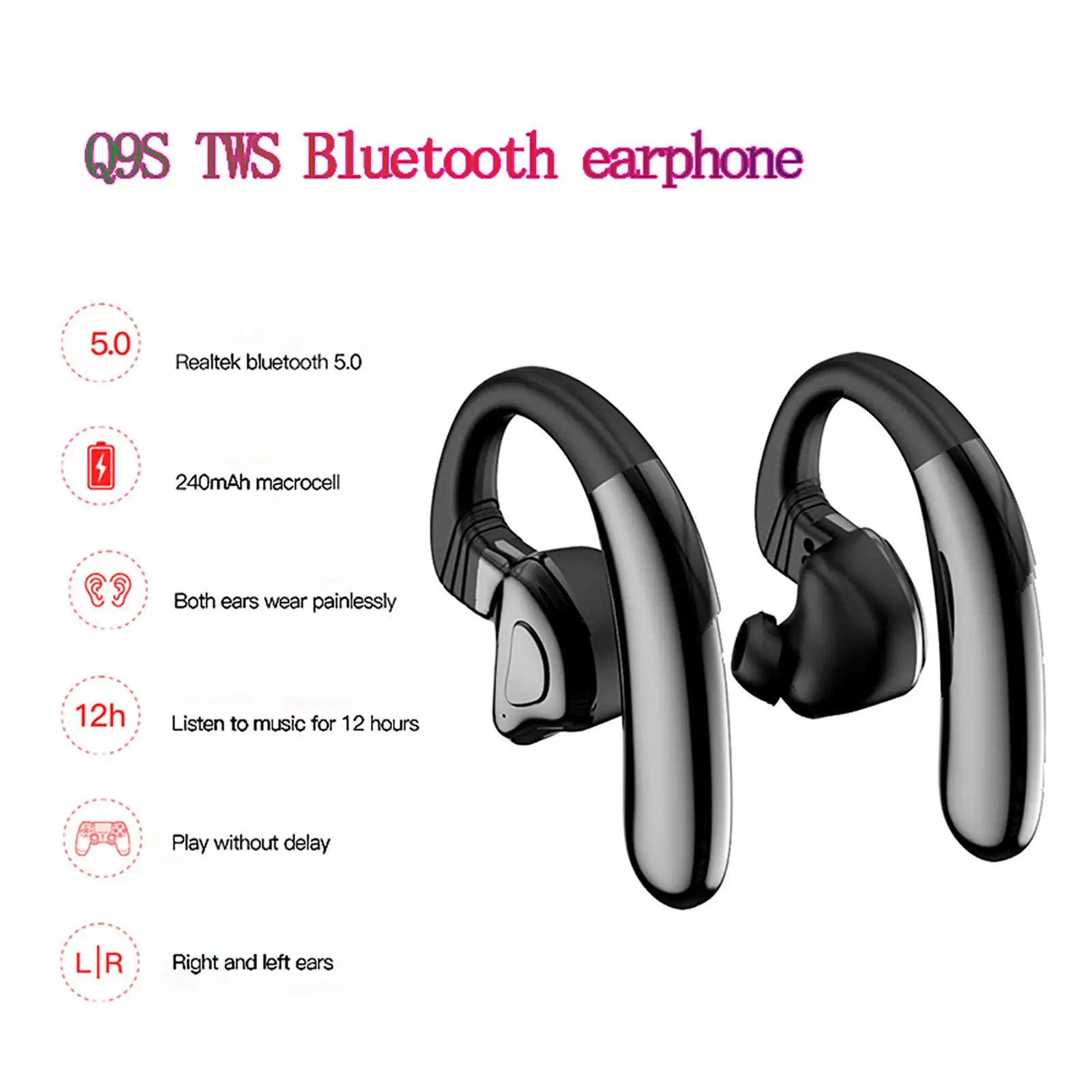 Q9S 1Pair Bluetooth 5 0 Wireless Earphones Ear Hook Sports Wireless Heatset Earhook Waterproof Bluetooth Earphone with Ear Caps