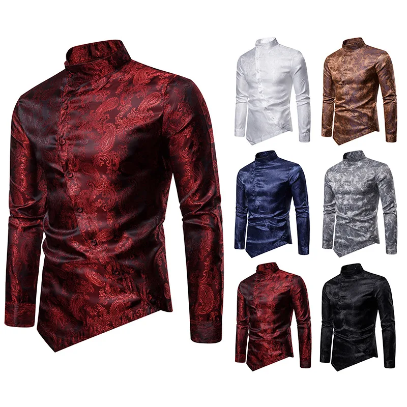 

Individuality inclined button cashew flower irregular multicolor Henry collar upscale long sleeve shirt interesting shirt men's