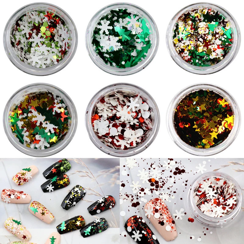 

6 boxes/set Glitter Nail Stickers Christmas Charms Tree Snowflake Starlights Nail Art Foil Paper Long-wearing Nail Sequins TSLM1