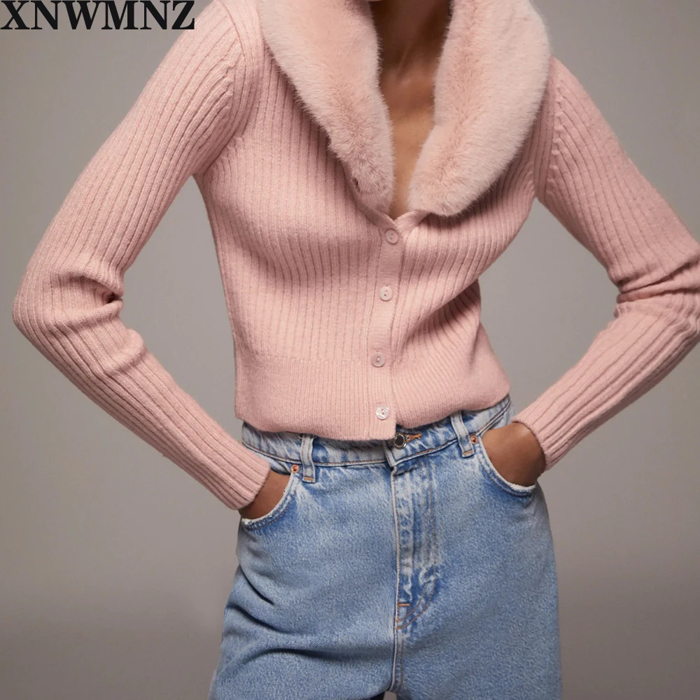 

XNWMNZ za Women 2020 Fashion Patchwork Faux Fur Knitted Cardigan Sweater sweet buttons Long Sleeve Female Outerwear Chic Tops
