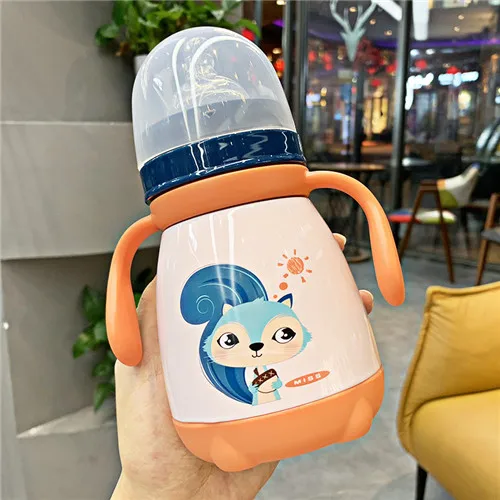 330ml Baby Feeding Cup with nipple Stainless Steel Insulated hot water Bottle leak-poof thermal Cup Milk Thermos for Children - Color: ORANGE