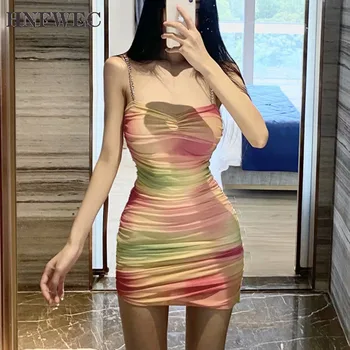 

2020 Summer New Sweet Short Chain Tight Bag Hip Strap Dress Korean Style Rainbow Print Ladies Nightclub Party Sexy Dresses T273