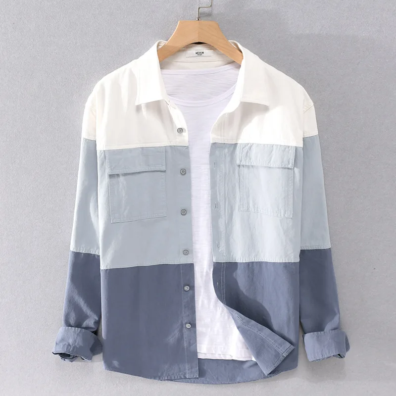 Patchwork Shirt Harajuku-Tops Fashion Simple Vintage Blouse Spring Business Long-Sleeve