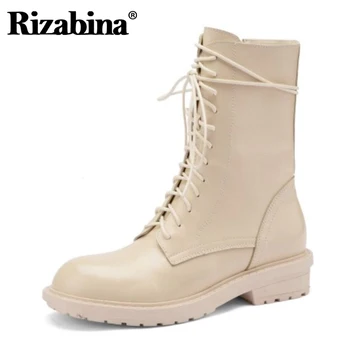 

Rizabina Women Mid Calf Boots Shoes Round Toe Low Heel Lace Up Zipper Cool Shoes Casual Solid Color Ladies Footwear Size 33-40