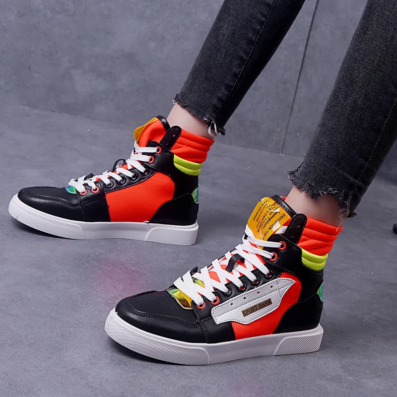 

Lace-up Ladies Reflective Shoes Rubber High Top Sneakers Women Flats Comfortable Flat Shoes Women Casual Autumn Women Shoes PU