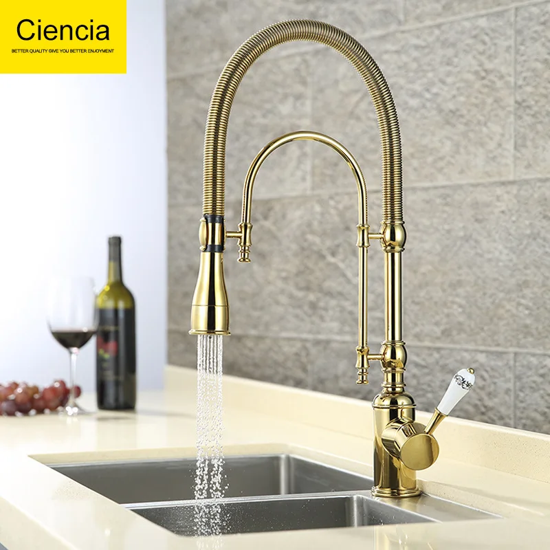 

Copper Gold-Tone Spring Kitchen Faucet Hot And Cold Sink Faucet Washing Basin Leading Double Outlet Tap Ciencia