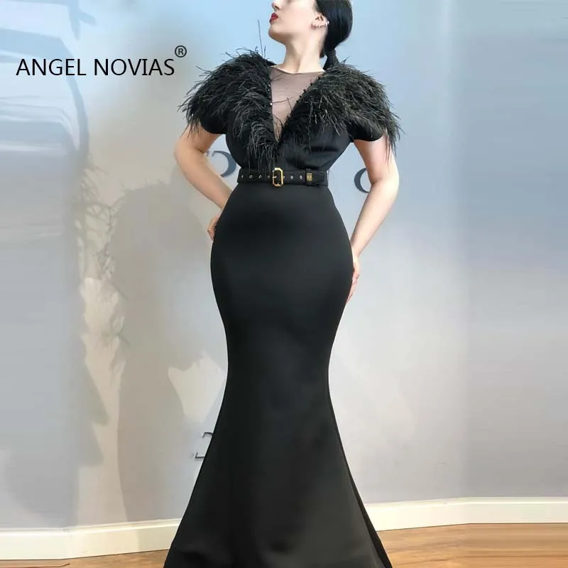 

Long Formal Woman Satin Mermaid Black Evening Dresses 2019 with Feather Vestido De Noche