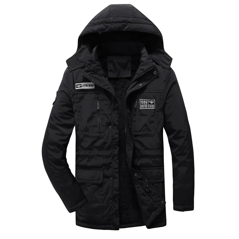 Черный New Winter Hooded Jacket Men Fashion Mid-length Hoodie Patchwork Thickened Cotton Padded Coat Bomber Jacket куртка мужская 4S06 - Цвет: Черный