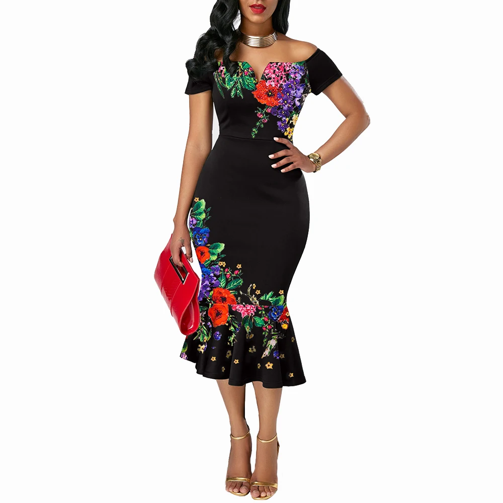 Vintage 80s Vestidos Women Floral Print Black Dresses Slash Neck Bustier Dress Elegant Party Press Sexy Evening Vestido