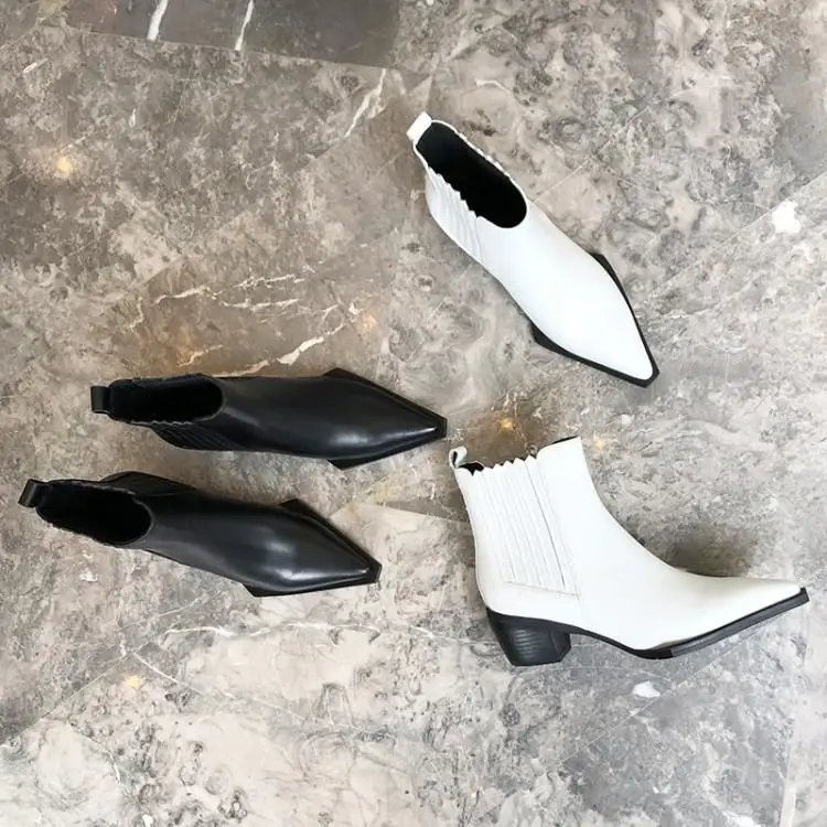 Buono Scarpe/кожаные ботильоны с острым носком; эластичные ботинки «Челси»; Женские ботинки в западном стиле; Botas Mujer; модная обувь; Цвет черный, белый; ботинки