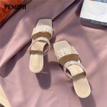 

2020 PENUTA Transparent Block Heels Women Plaid Shoes Square Toe High Heel Slippers Top Quality Comfort Slides Plus Size T0055