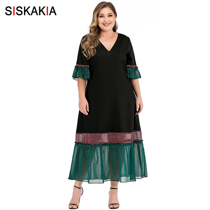 Green dress Siskakia летние платья новые модные блестящие сетчатые прозрачные Лоскутные Платья с v-образным вырезом и оборками с рукавом средней длины размера плюс Новинка - Цвет: Green dress