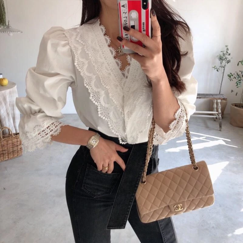 

Ins New Korean Simple Solid Shirt for Ladies Elegant All-match Ruffles Lace-up V-neck Sexy Shirt 2020 New Autumn Shirt for Lady
