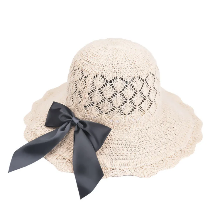 01 beige Новые модные женские шляпы от солнца, соломенная шляпа ручной работы, женская пляжная шляпа с бантом из ленты с широкими полями, Повседневная летняя кепка с защитой от ультрафиолета - Цвет: 01 beige