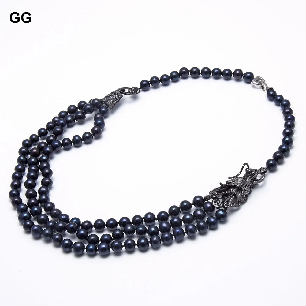 

GuaiGuai Jewelry 21" Natural Black Round Pearl Necklace Gunmetal Cz Pave Dragon Connector Handmade For Women