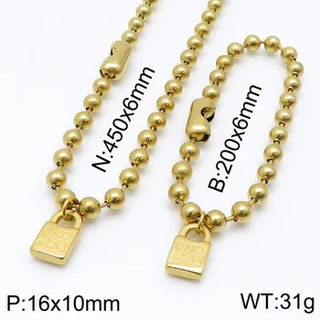 

Fashion Women Men Silver Color Gold Stainless Steel Round Lock Key Uno 50 Ball Bead Bracelet Necklace Jewelry Sets