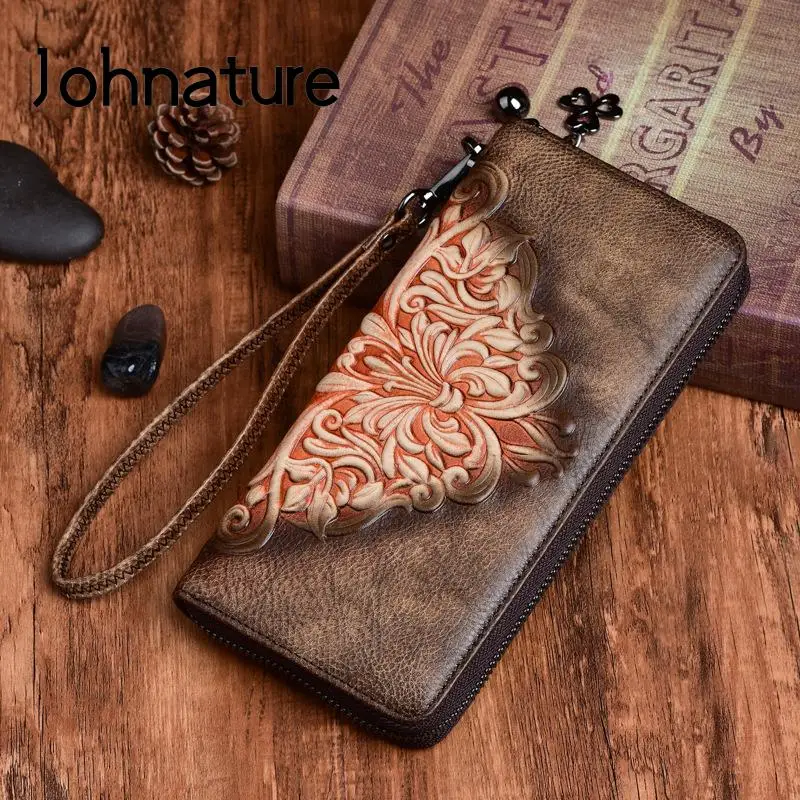 

Женский винтажный кошелек из натуральной кожи Johnature, длинный клатч с отделением для карт, держатель для карт, 2024