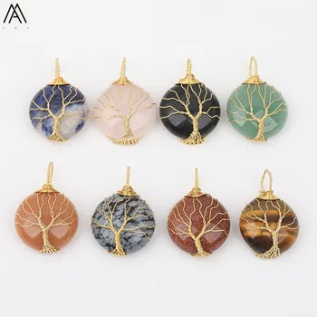 

5pcs/Lot Natural Stone Charms Pendant Gold Wire Wrapped Green Aventurine Tree Of Life Round Pendant Necklace Jewelry DSS-256AMH